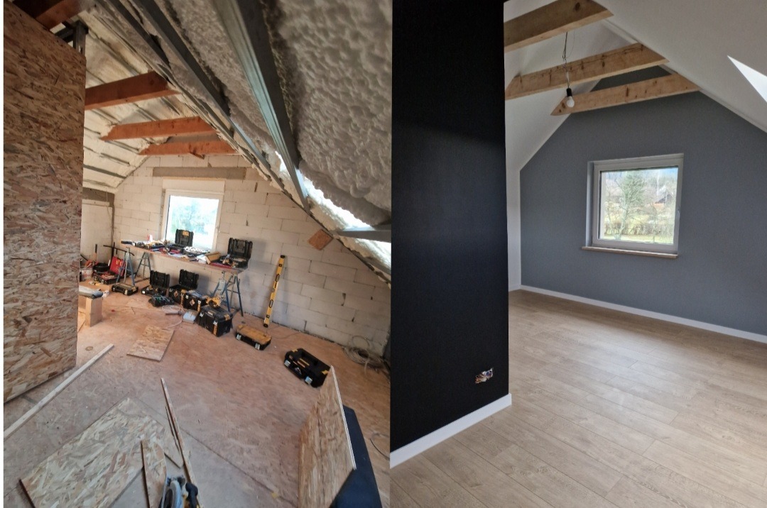 Porównanie stanu poddasza przed i po pracach wykończeniowych: surowy stan z widoczną izolacją, konstrukcją dachu i narzędziami zestawiony z wykończonym pokojem z pomalowanymi ścianami, oknem...