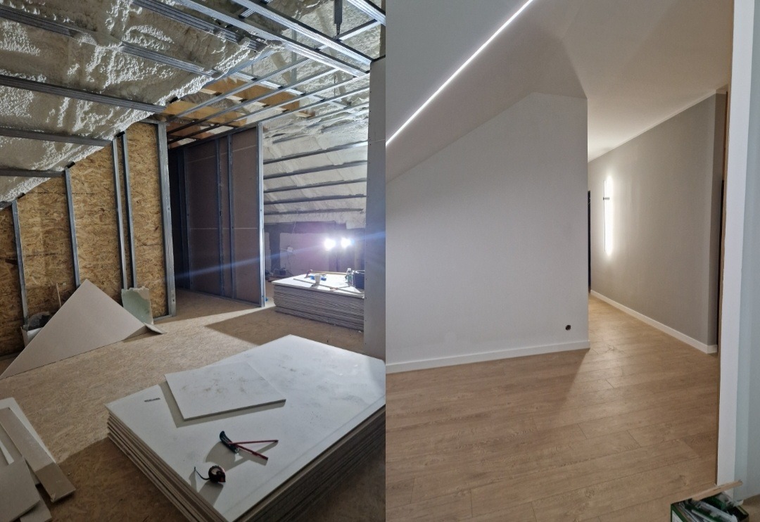 Porównanie stanu surowego poddasza z izolacją piankową i metalową konstrukcją, z wykończonym pokojem z gładkimi ścianami, oświetleniem LED i panelami podłogowymi.