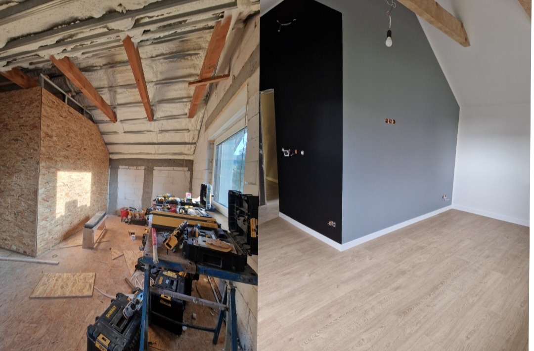 Dwa ujęcia poddasza przed i po pracach: izolacja pianą, płyty OSB, instalacja elektryczna w trakcie oraz pomalowane ściany w odcieniach szarości i czerni, wykończona podłoga panelami.