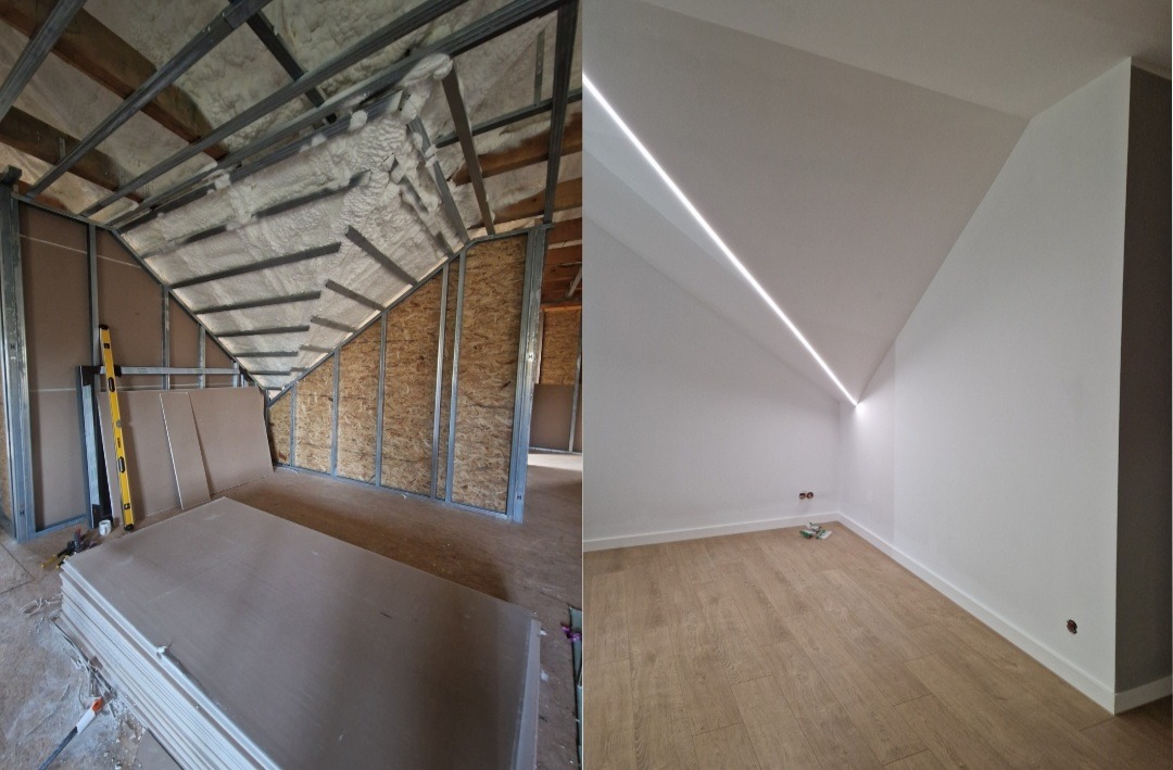 Adaptacja poddasza: widok na surową konstrukcję z izolacją oraz wykończone wnętrze z oświetleniem LED w skosie sufitu i panelami na podłodze.