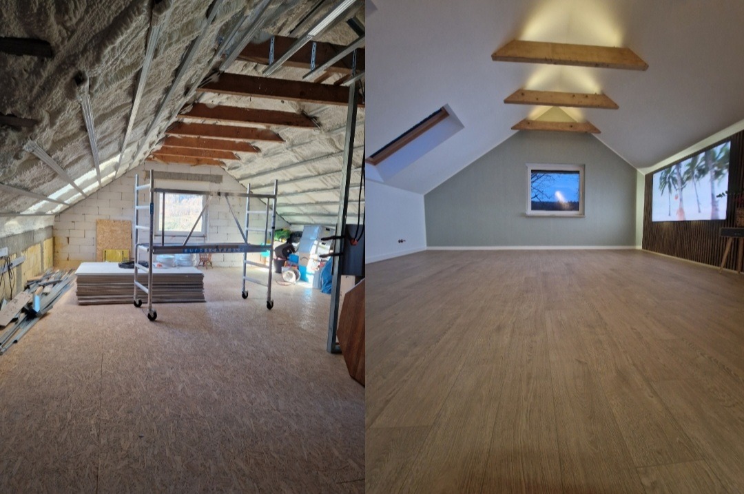 Porównanie stanu poddasza przed i po: surowy stan z izolacją, rusztowaniem i stertą płyt gipsowych kontra wykończone wnętrze z oknem dachowym, drewnianymi belkami dekoracyjnymi i drewnianą podłogą.