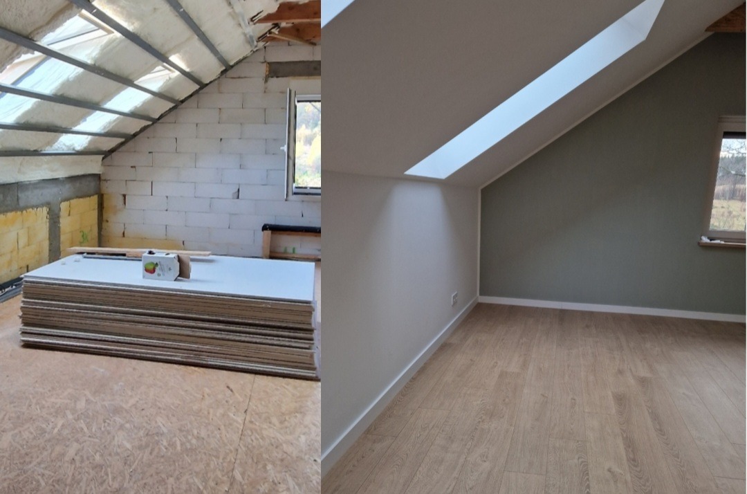 Adaptacja poddasza: widok przed i po, surowe ściany z bloczków i izolacją kontra gładkie, pomalowane ściany z oknem dachowym i nową podłogą.
