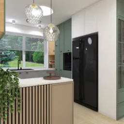 Wizualizacja nowoczesnej kuchni z wyspą, zielonymi szafkami i czarną lodówką, oświetloną wiszącymi lampami z dekoracyjnego szkła oraz światłem dziennym z okna z widokiem na ogród.