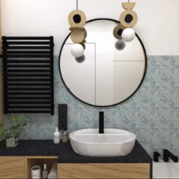 Wizualizacja łazienki z okrągłym lustrem podwieszonym na dekoracyjnych lampach, umywalką nablatową i błękitnymi płytkami w kształcie wachlarzy.