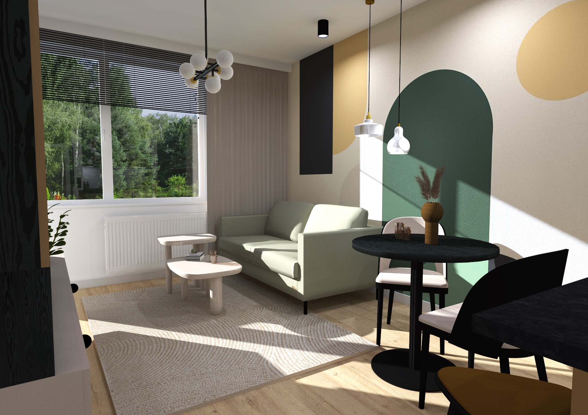 Wizualizacja salonu z jasną sofą, okrągłym czarnym stolikiem kawowym i geometrycznym malowaniem na ścianie w odcieniach zieleni i beżu, oświetlona światłem dziennym z okna z żaluzjami.