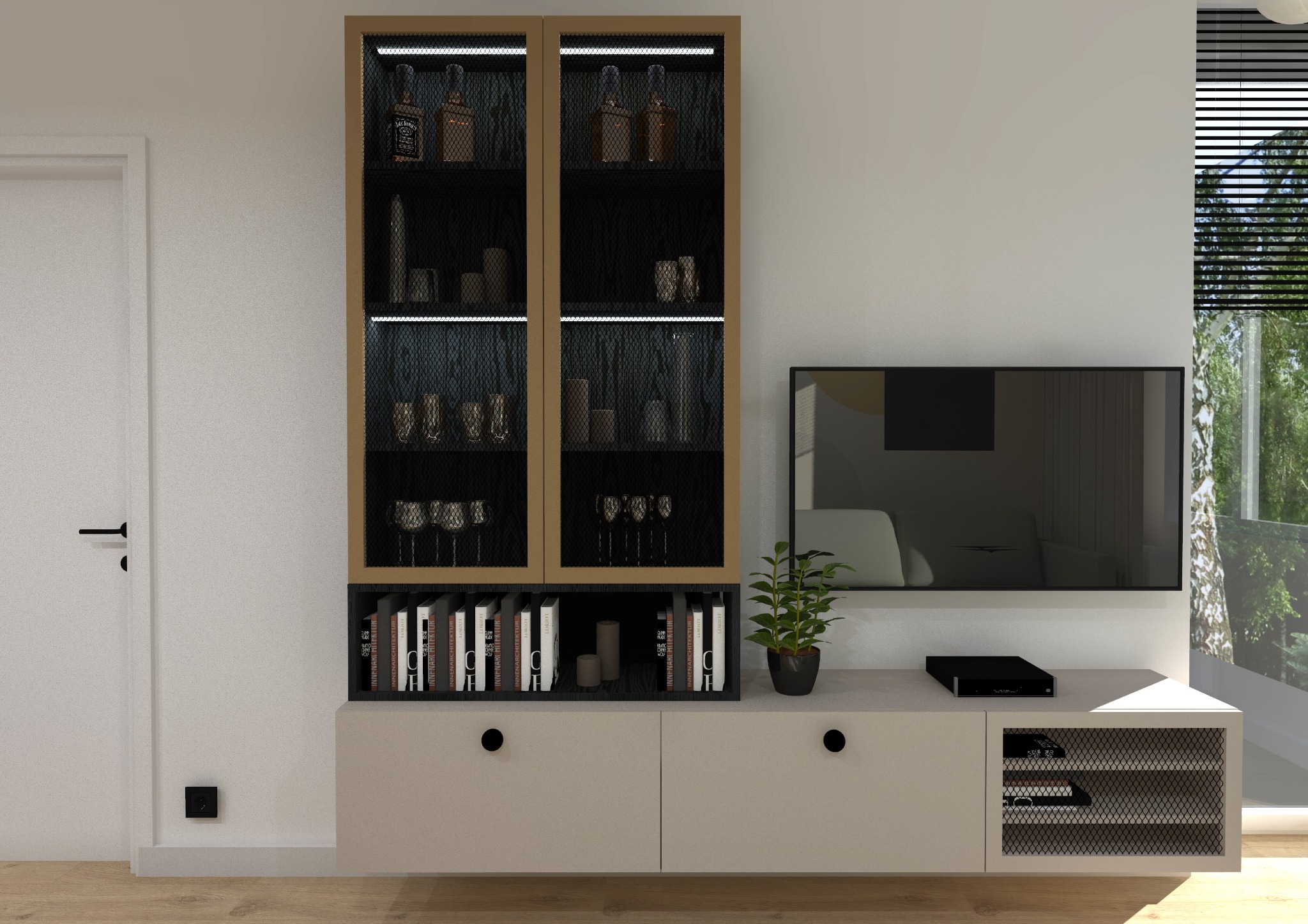 Wizualizacja szafki RTV z przeszkloną witryną na alkohol i książki w salonie w Andrychowie, z widokiem na zieleń za oknem.