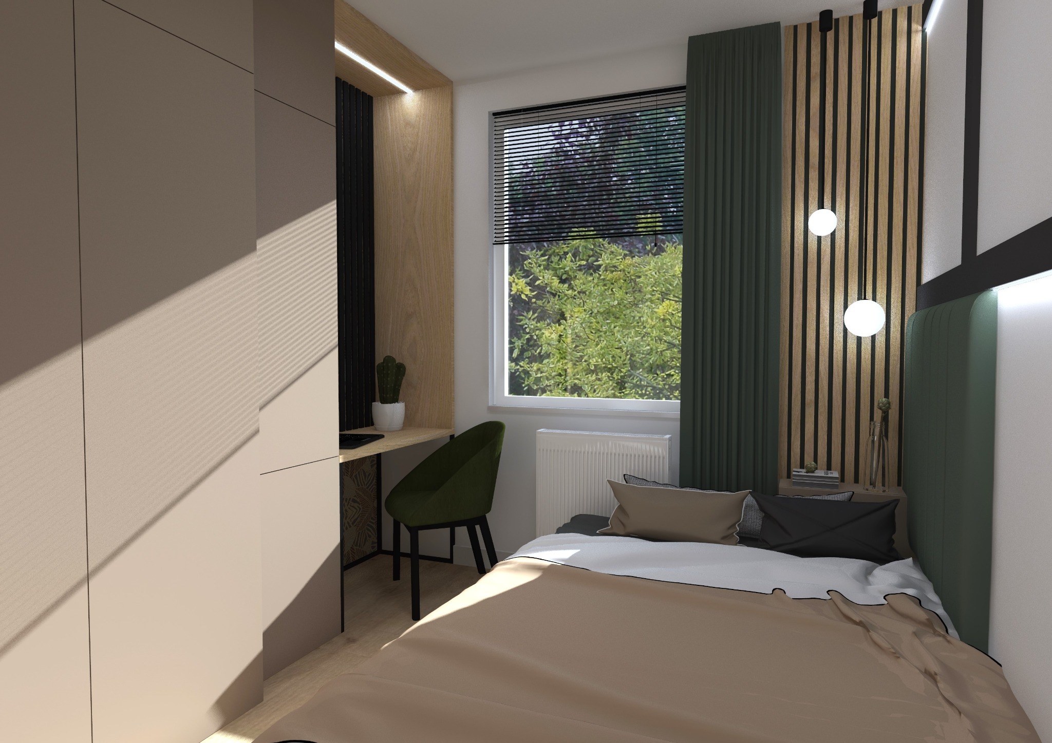 Wizualizacja sypialni z biurkiem, beżowa pościel, zielone akcenty i drewniane lamele na ścianie.