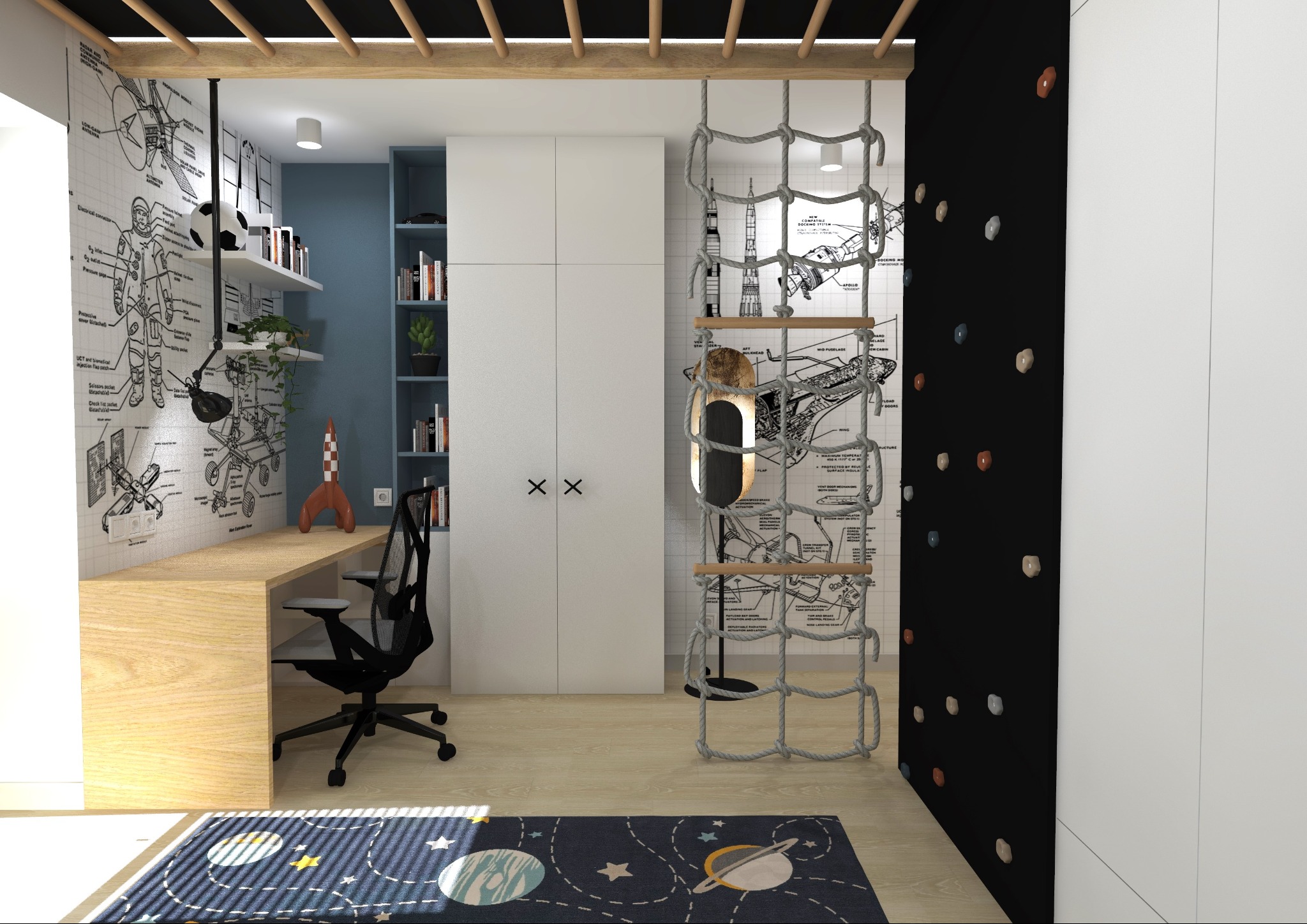 Pokój dziecięcy z biurkiem, krzesłem, ścianką wspinaczkową i siatką do wspinania, ozdobiony tapetą z motywami kosmicznymi i dywanem w planety.