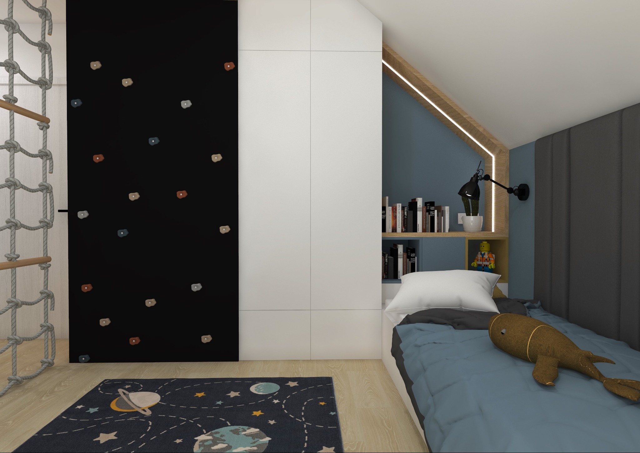 Pokój dziecięcy na poddaszu z ścianką wspinaczkową, linową drabinką, szafą wnękową, łóżkiem z pluszową rybą i dywanem w kosmiczne wzory.