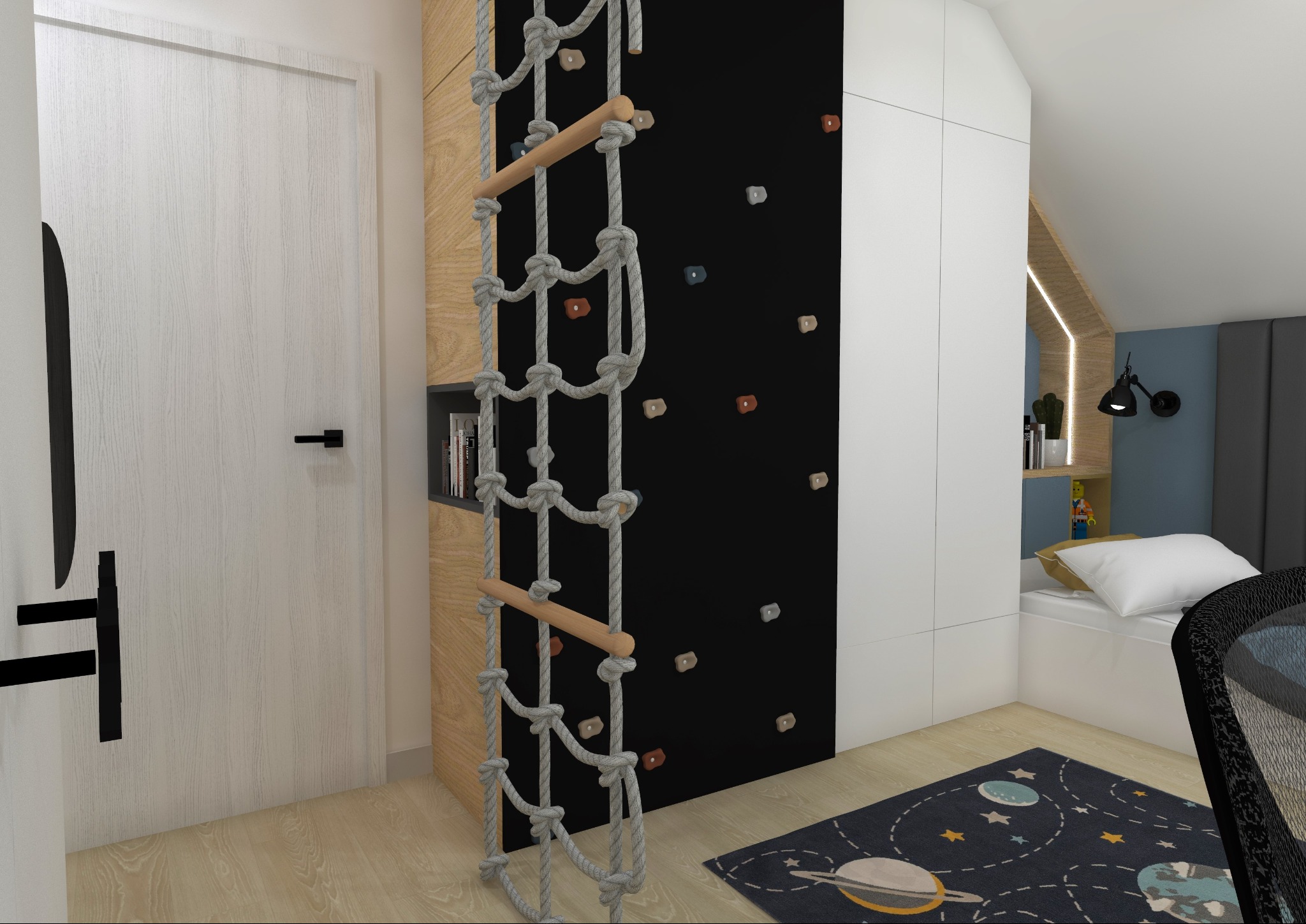 Pokój dziecięcy z drabinką sznurową, ścianką wspinaczkową, regałem i łóżkiem, oświetlony światłem LED.