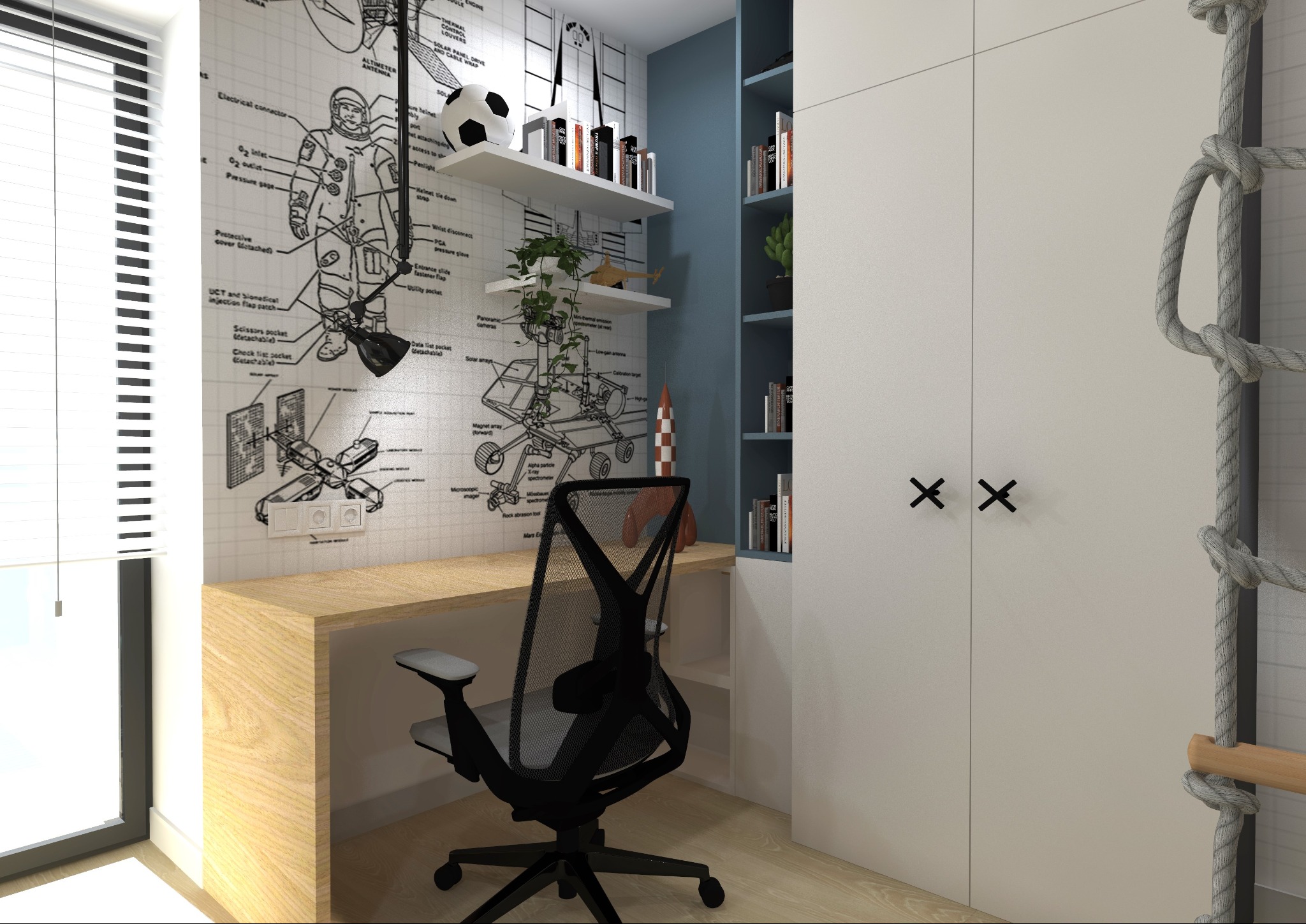 Pokój dziecięcy z biurkiem z jasnego drewna, krzesłem biurowym z siatkowym oparciem, ścianą z motywem kosmicznym, regałem z książkami i drabinką sznurową.