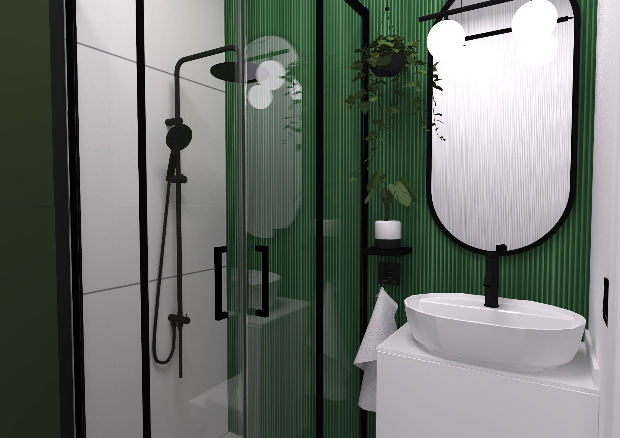 Nowoczesna łazienka z zielonymi ścianami, czarną armaturą i owalnym lustrem z trzema kulistymi lampami, wisząca roślina w doniczce i biała umywalka nablatowa.