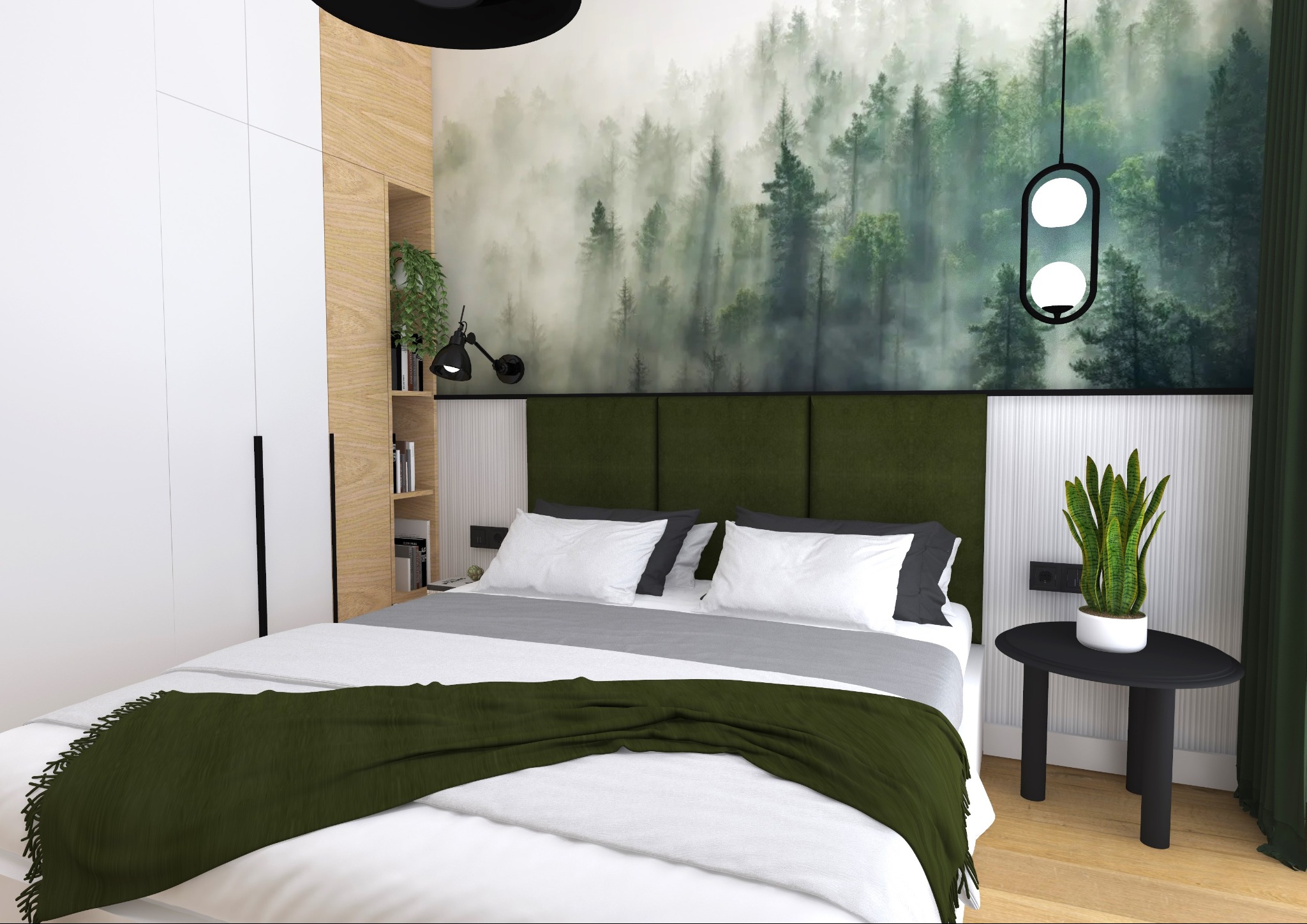 Wizualizacja sypialni z tapetą przedstawiającą mglisty las, zielonym zagłówkiem, drewnianą zabudową i czarnym stolikiem nocnym z rośliną w doniczce.