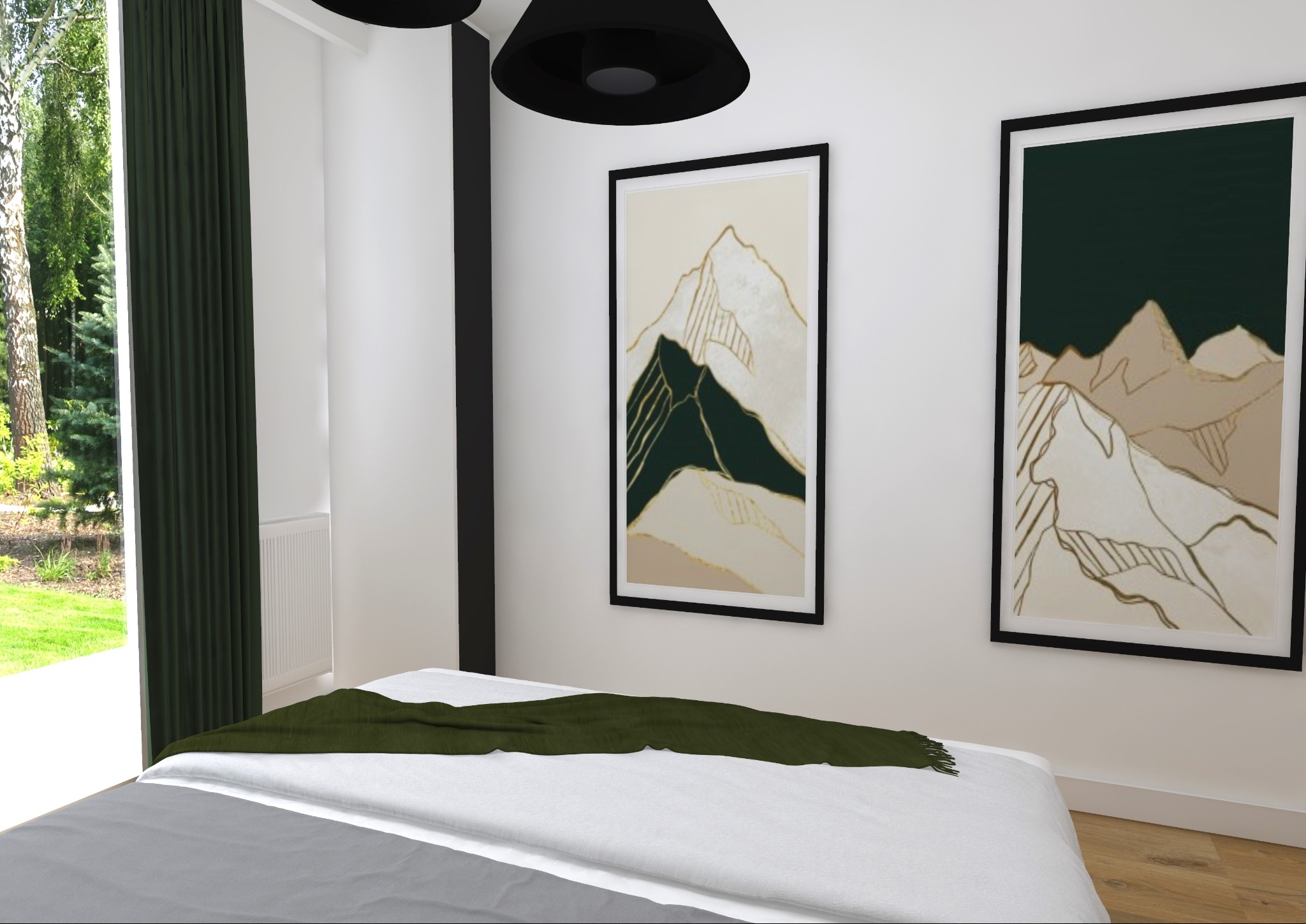 Minimalistyczna sypialnia z łóżkiem, zielonym pledem i dwoma obrazami górskimi w czarnych ramach na białej ścianie, oświetlona wiszącymi lampami.