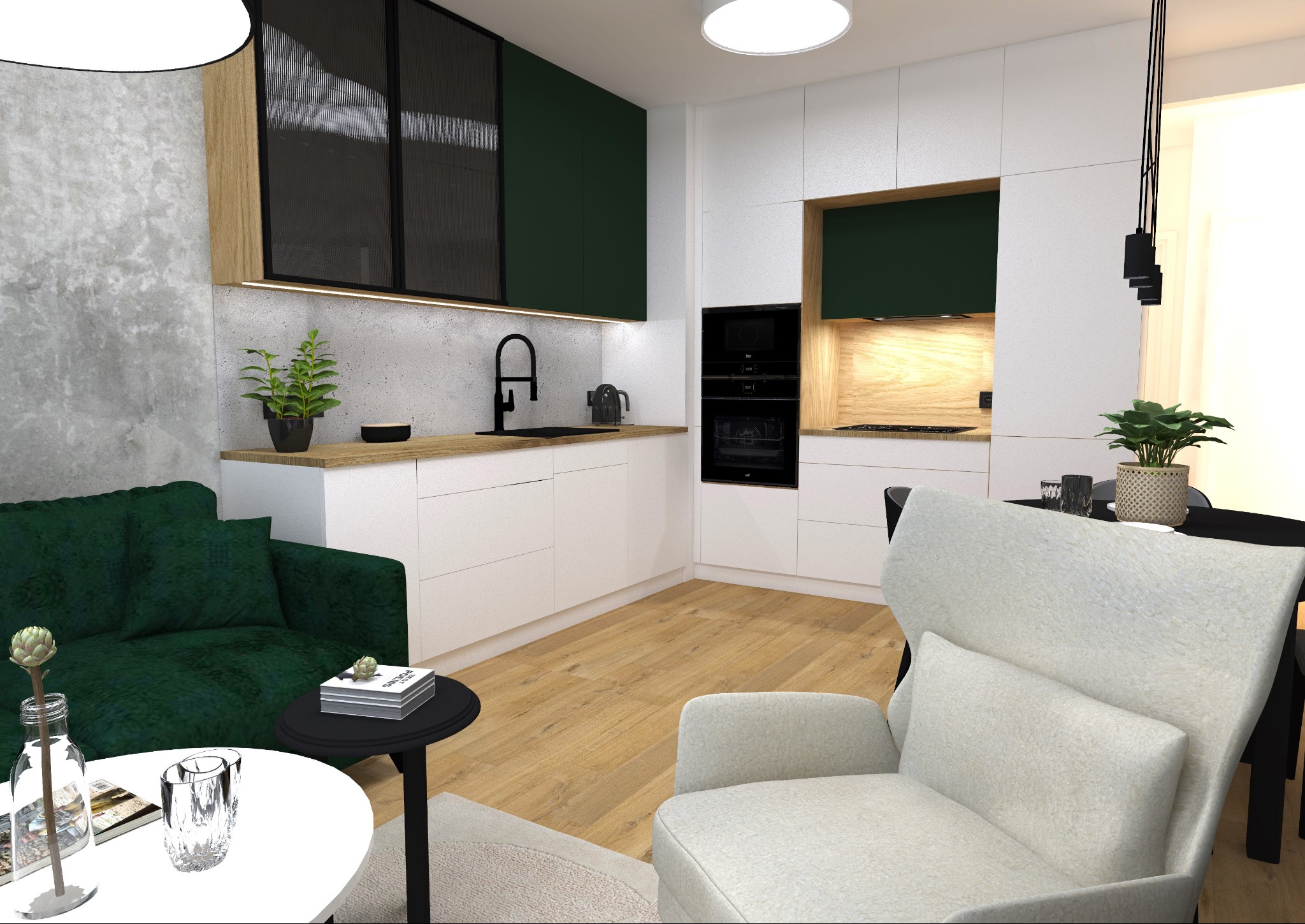 Wizualizacja wnętrza: kuchnia z ciemnozielonymi szafkami, białymi frontami, drewnianym blatem i szarą ścianą, połączona z salonem z zieloną sofą i jasnoszarym fotelem.