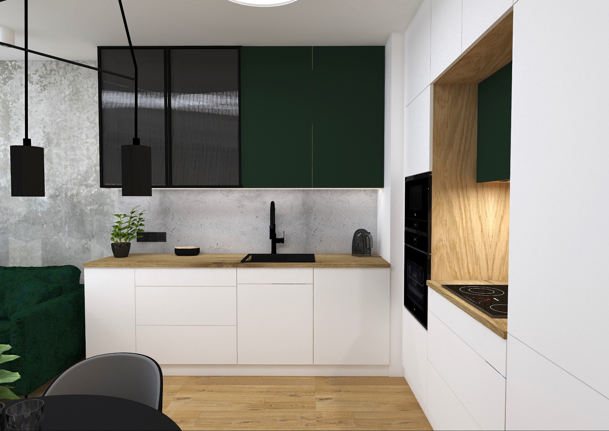 Wizualizacja nowoczesnej kuchni z białymi szafkami, drewnianym blatem, czarną armaturą i zielonymi akcentami, z widocznym fragmentem salonu z zieloną sofą.