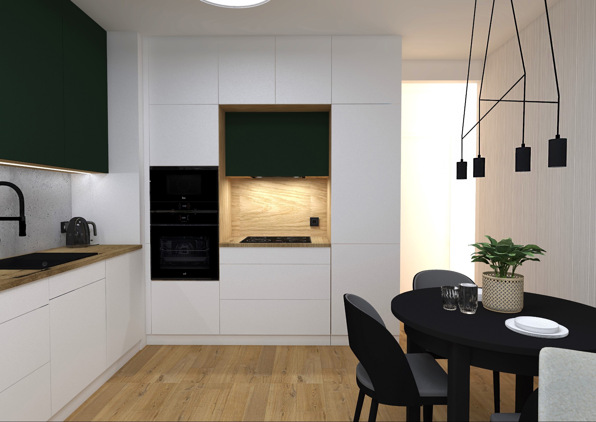 Wizualizacja nowoczesnej kuchni z zielonymi akcentami, białymi szafkami, drewnianym blatem i czarnym okrągłym stołem z krzesłami. Nad stołem designerska lampa wisząca. Na stole roślina w plecionym...