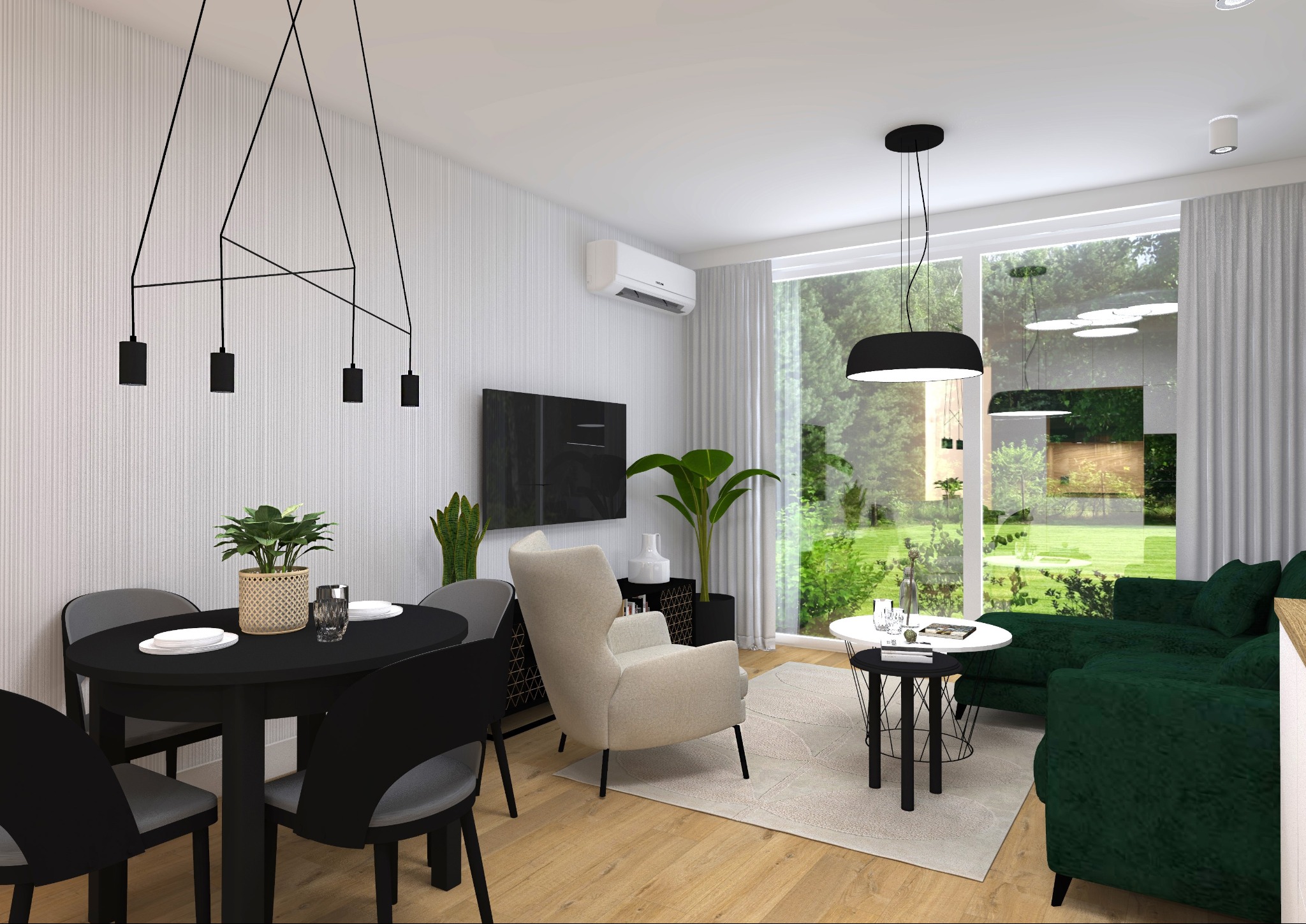 Wizualizacja przestronnego salonu z jadalnią, dominują odcienie bieli, szarości i zieleni, drewniana podłoga, czarny stół z szarymi krzesłami, beżowy fotel, zielona sofa narożna, duże okno...