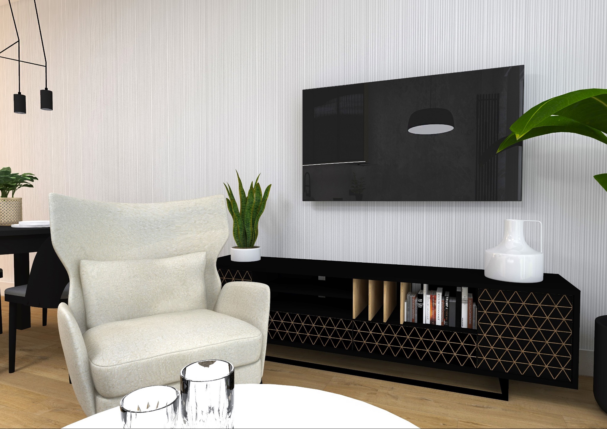 Wizualizacja salonu z kremowym fotelem uszakiem, czarną szafką RTV z geometrycznym wzorem, telewizorem i roślinami doniczkowymi na tle ściany w pionowe pasy.