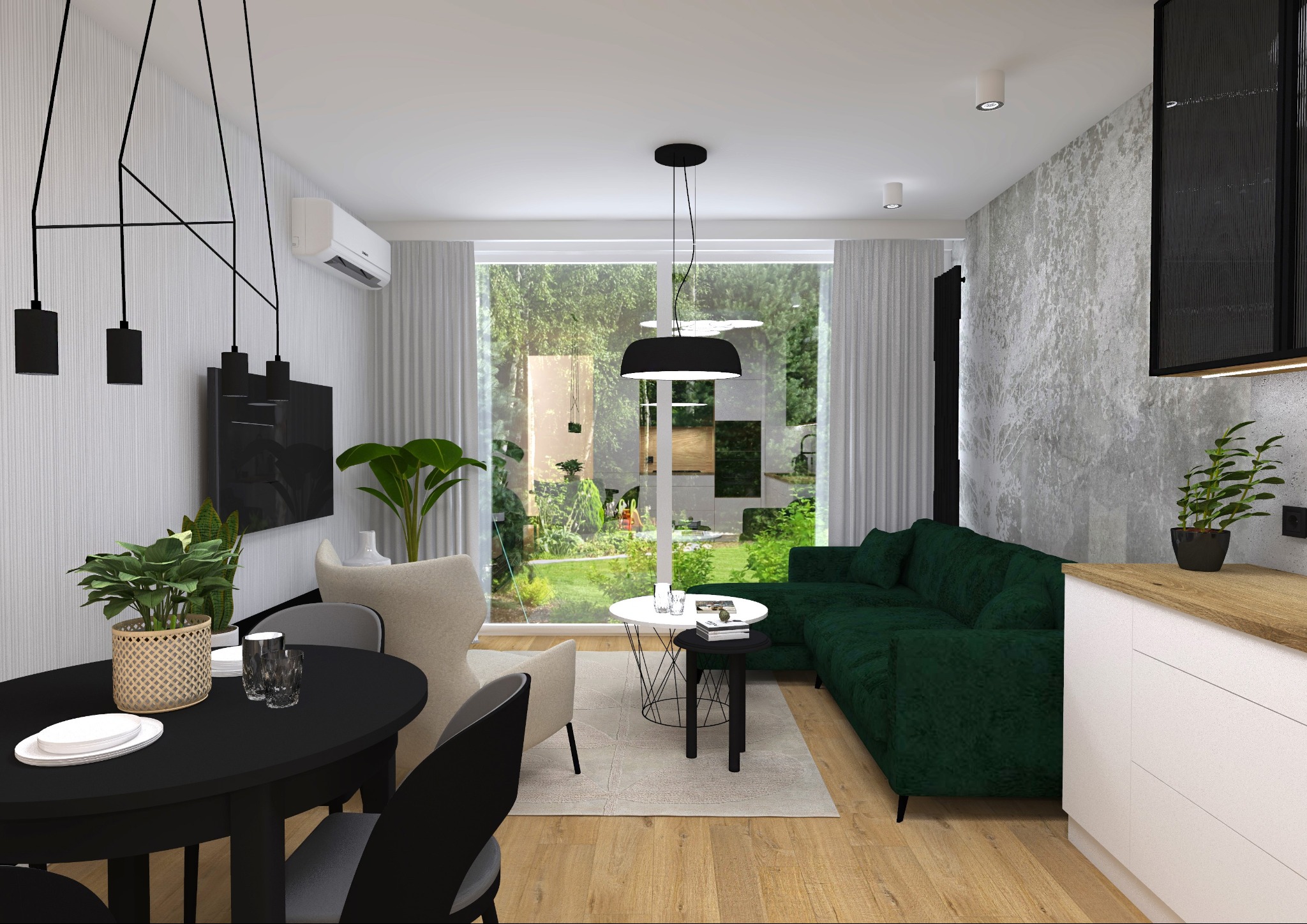 Wizualizacja wnętrza salonu z aneksem kuchennym, zielona sofa narożna, okrągły czarny stół z nakryciem, fotel w kolorze ecru, duże okno z widokiem na ogród, lampy wiszące w czarnych oprawach...