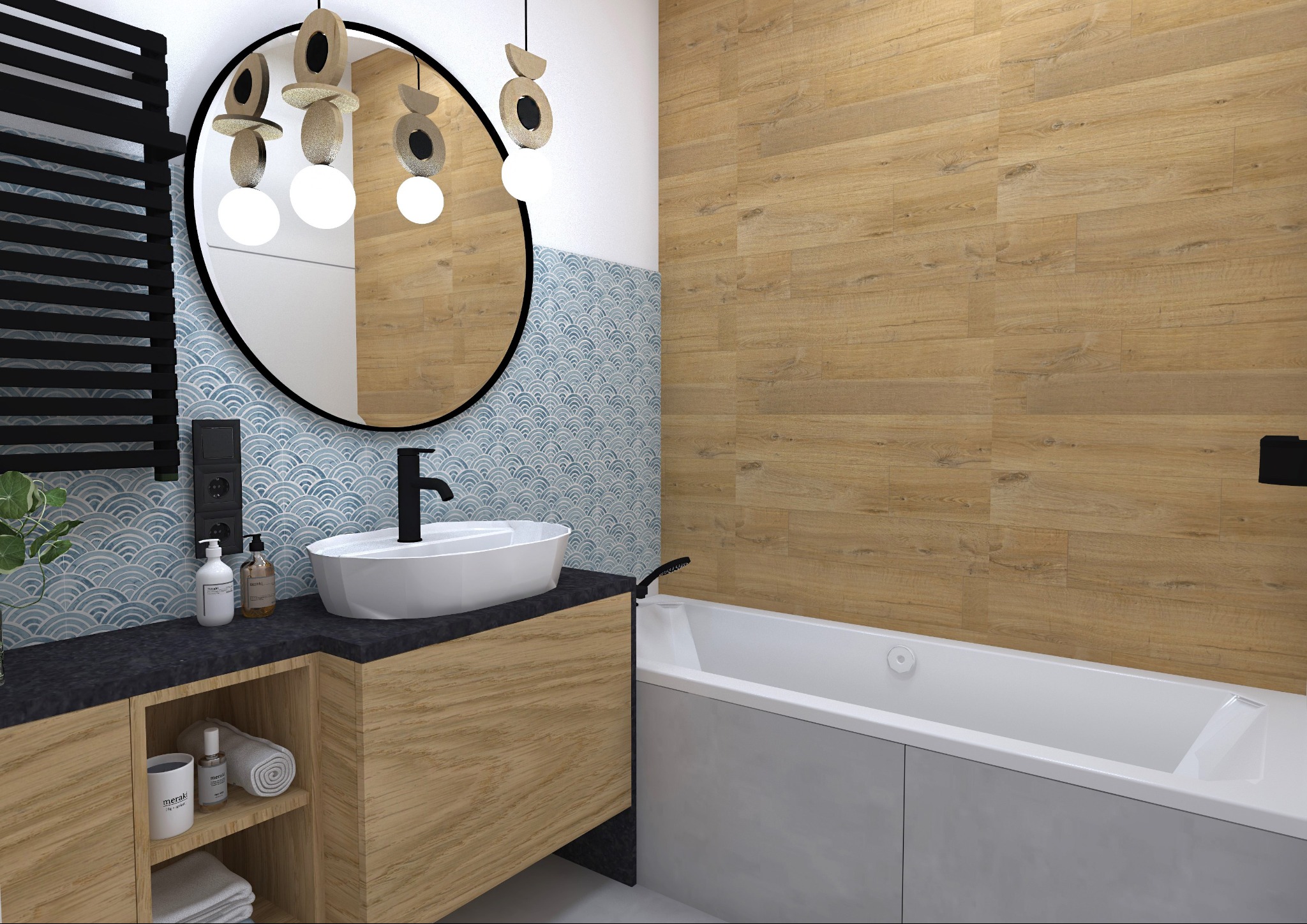Wizualizacja łazienki z drewnopodobnymi płytkami, owalnym lustrem z dekoracyjnym oświetleniem, białą umywalką nablatową i wanną.
