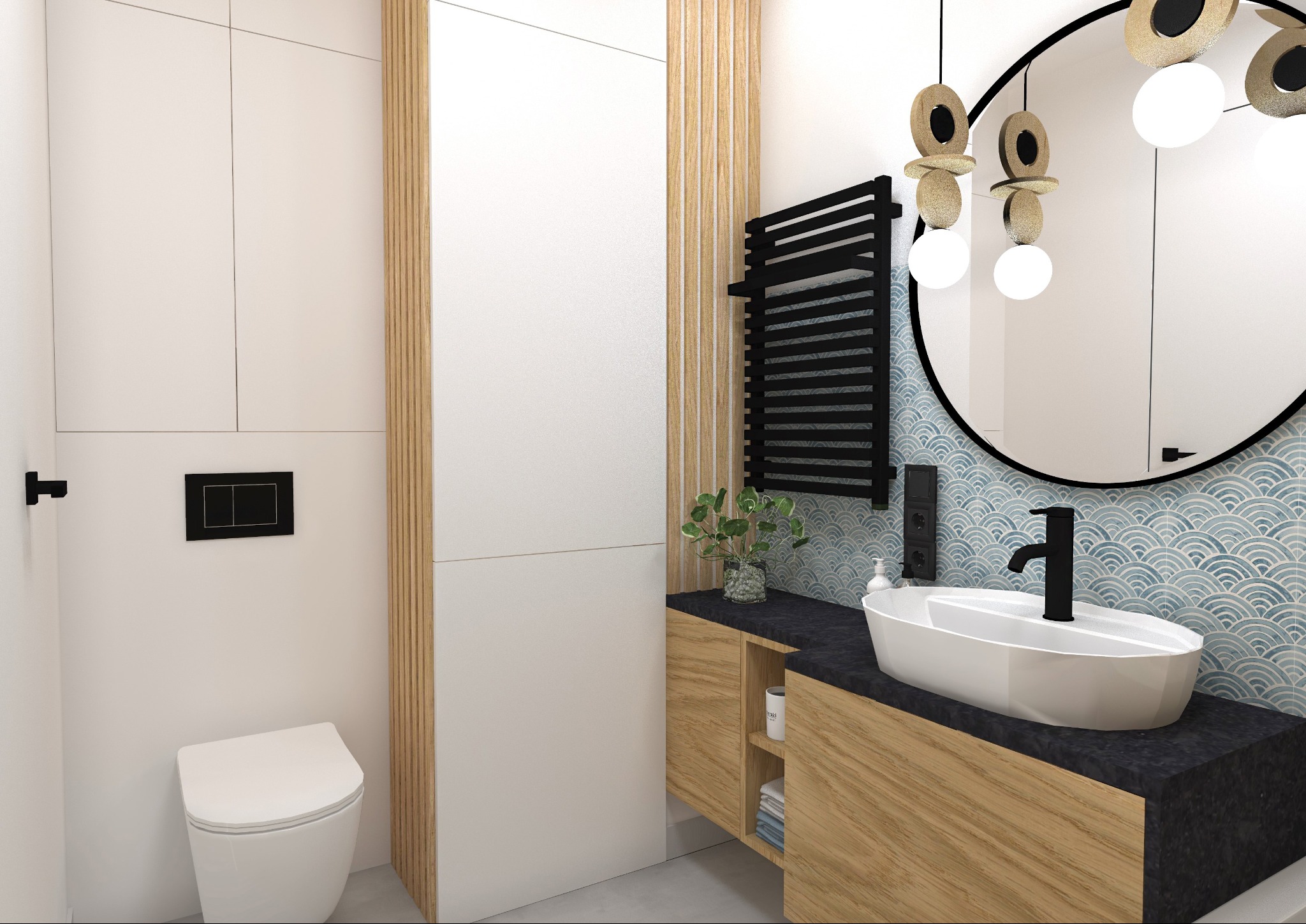 Nowoczesna łazienka z owalną umywalką na blacie z ciemnego kamienia, drewniane szafki, dekoracyjne oświetlenie i grzejnik drabinkowy, akcentem jest ściana z motywem fal.