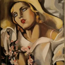 Portret kobiety w kapeluszu, w stylu art deco, z delikatnym bukietem różowych kwiatów, namalowany farbami olejnymi na płótnie.