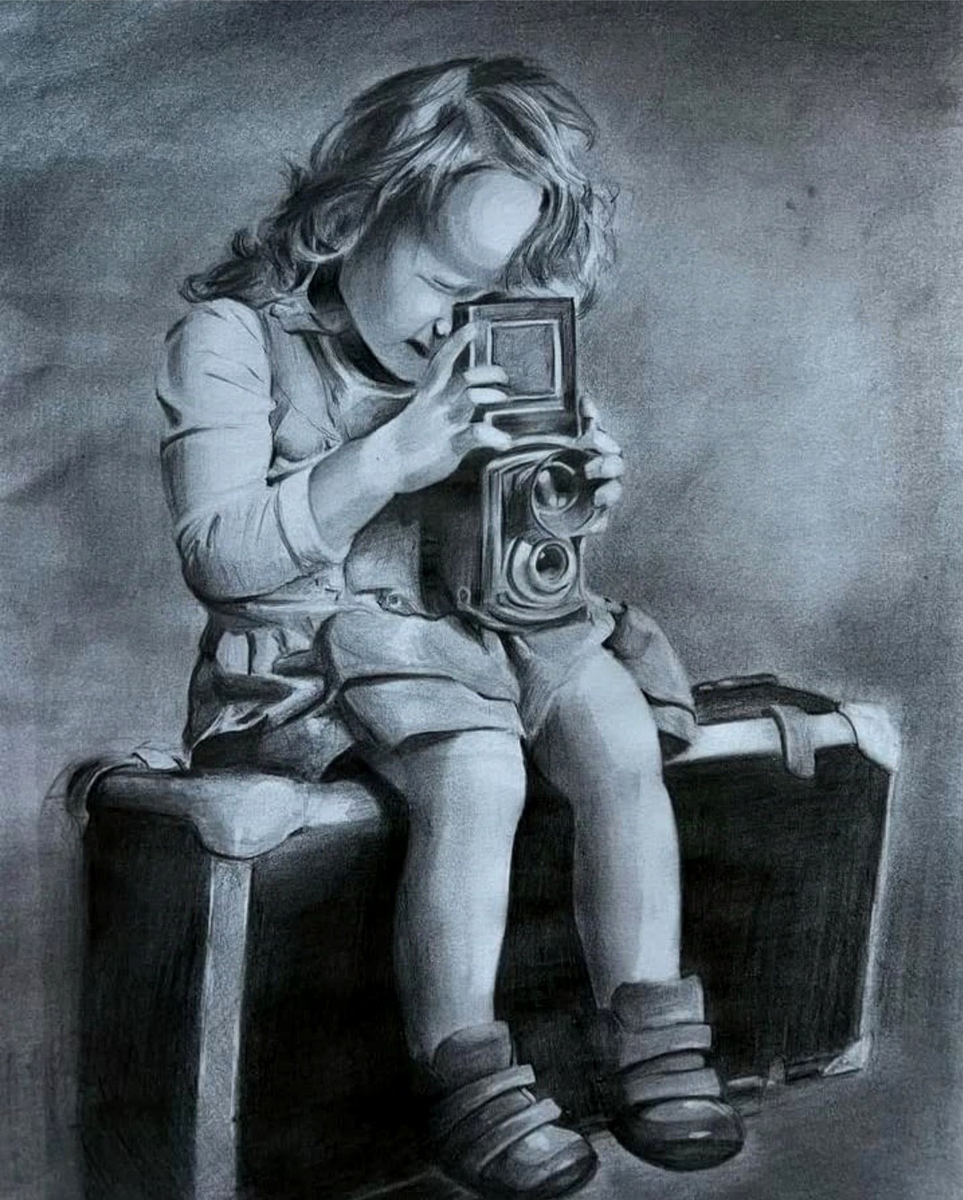 Czarno-biały rysunek przedstawia dziewczynkę siedzącą na starej walizce, trzymającą zabytkowy aparat fotograficzny.