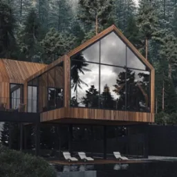 Nowoczesny dom z drewnianą elewacją i dużymi przeszkleniami, otoczony lasem iglastym, z basenem i leżakami na tarasie.