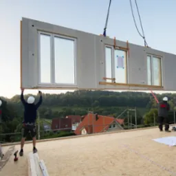 Montaż prefabrykowanej ściany z oknami na placu budowy. Robotnicy w kaskach unoszą ścianę za pomocą dźwigu, w tle widoczny krajobraz z zabudowaniami.