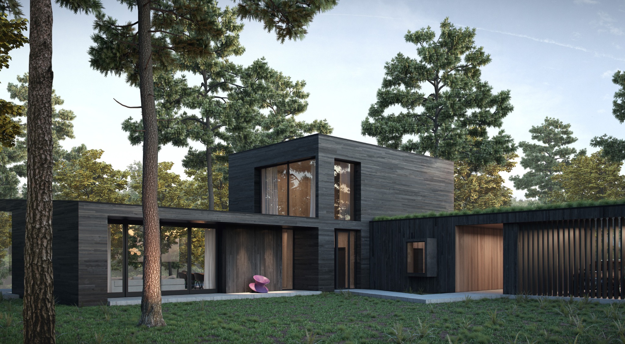 Nowoczesny dom modułowy z czarną drewnianą elewacją i zielonym dachem w Bielsku-Białej, otoczony lasem, z widocznymi dwoma fioletowymi krzesłami na tarasie.