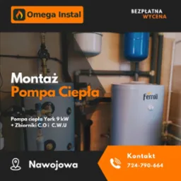 Grafika reklamowa przedstawiająca zamontowaną pompę ciepła York 9kW wraz ze zbiornikami C.O. i C.W.U., obok widoczny zasobnik Ferroli, na górze zbiornik wyrównawczy. Reklama firmy Omega Instal...