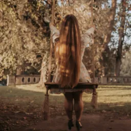 Kobieta z długimi, rudymi włosami siedzi tyłem na drewnianej huśtawce zawieszonej na sznurach w parku; widoczny fragment kwiecistej sukienki i czarne buty na obcasie.