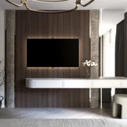 Elegancki salon z drewnianą ścianą, podświetlonym telewizorem, białą konsolą, dekoracyjnymi wazonami i subtelnym oświetleniem, uzupełniony o minimalistyczny stołek i zasłony w odcieniach brązu.