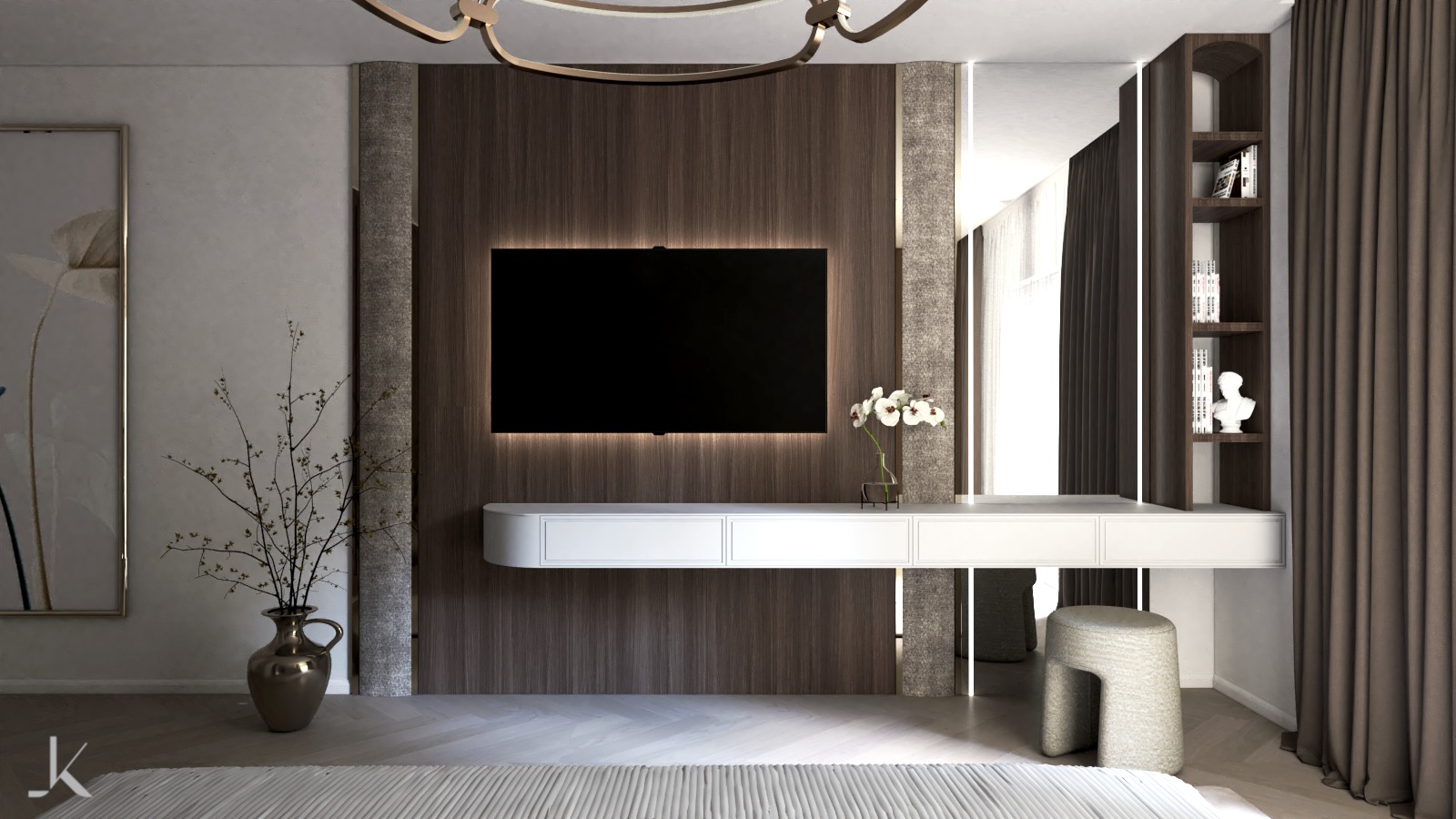 Elegancki salon z drewnianą ścianą, podświetlonym telewizorem, białą konsolą, dekoracyjnymi wazonami i subtelnym oświetleniem, uzupełniony o minimalistyczny stołek i zasłony w odcieniach brązu.