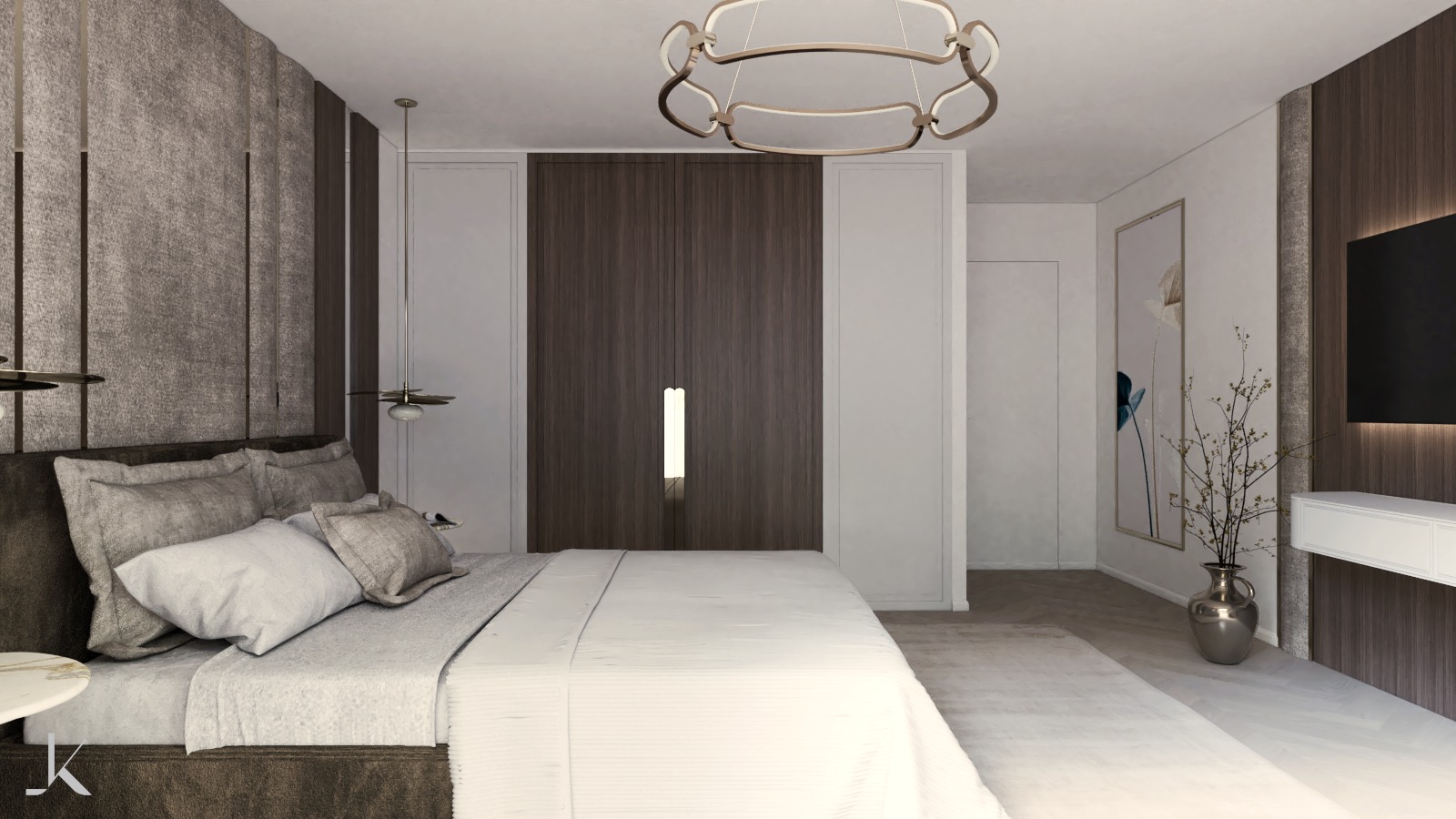 Elegancka sypialnia z dużym łóżkiem, panelami ściennymi w odcieniach szarości i brązu, oraz nowoczesnym oświetleniem sufitowym i bocznym. Na ścianie widoczny obraz z motywem kwiatowym i telewizor.