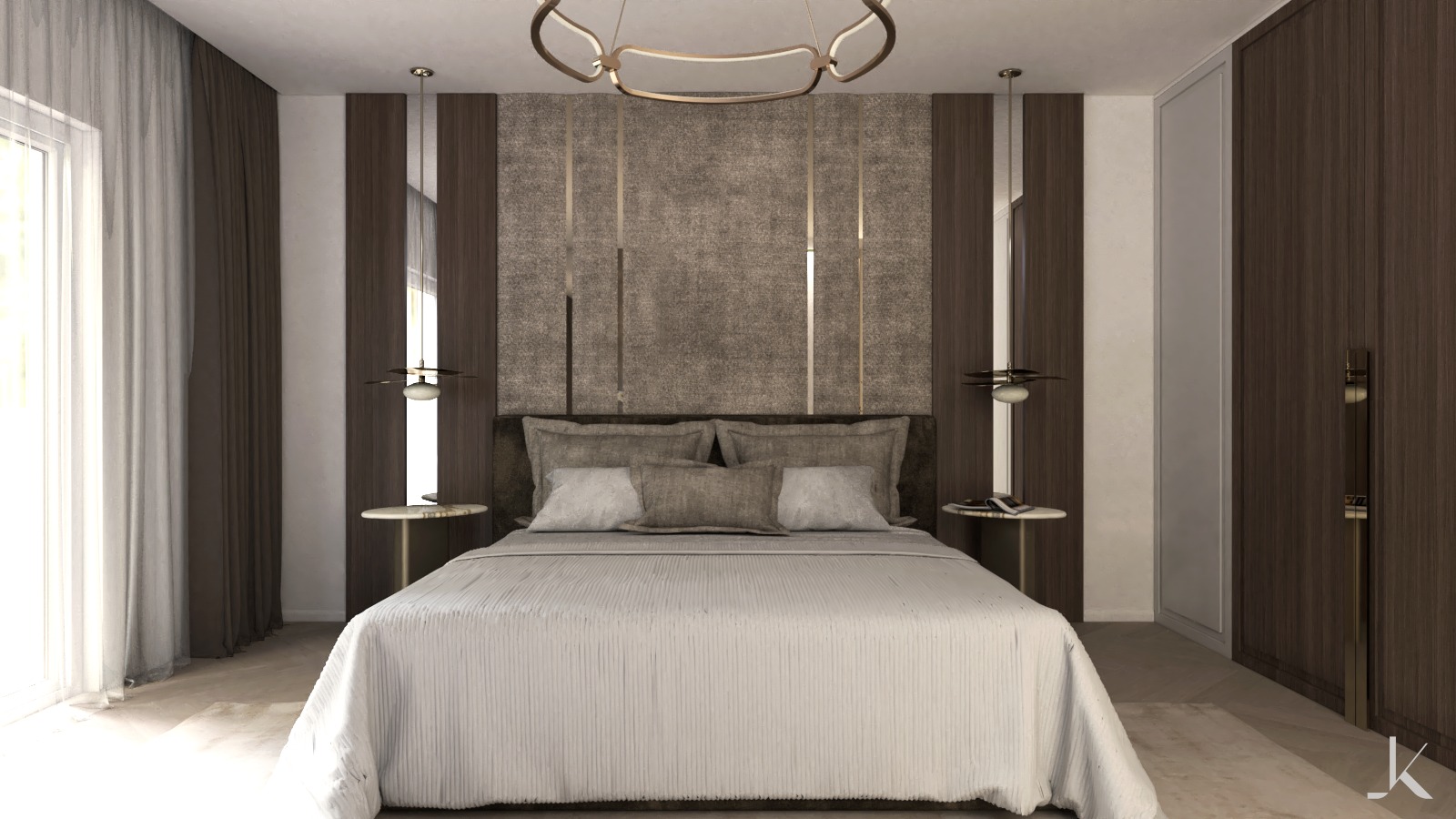 Elegancka sypialnia z łóżkiem małżeńskim, tapicerowanym wezgłowiem, dekoracyjnym oświetleniem sufitowym i szafkami nocnymi z marmurowymi blatami.
