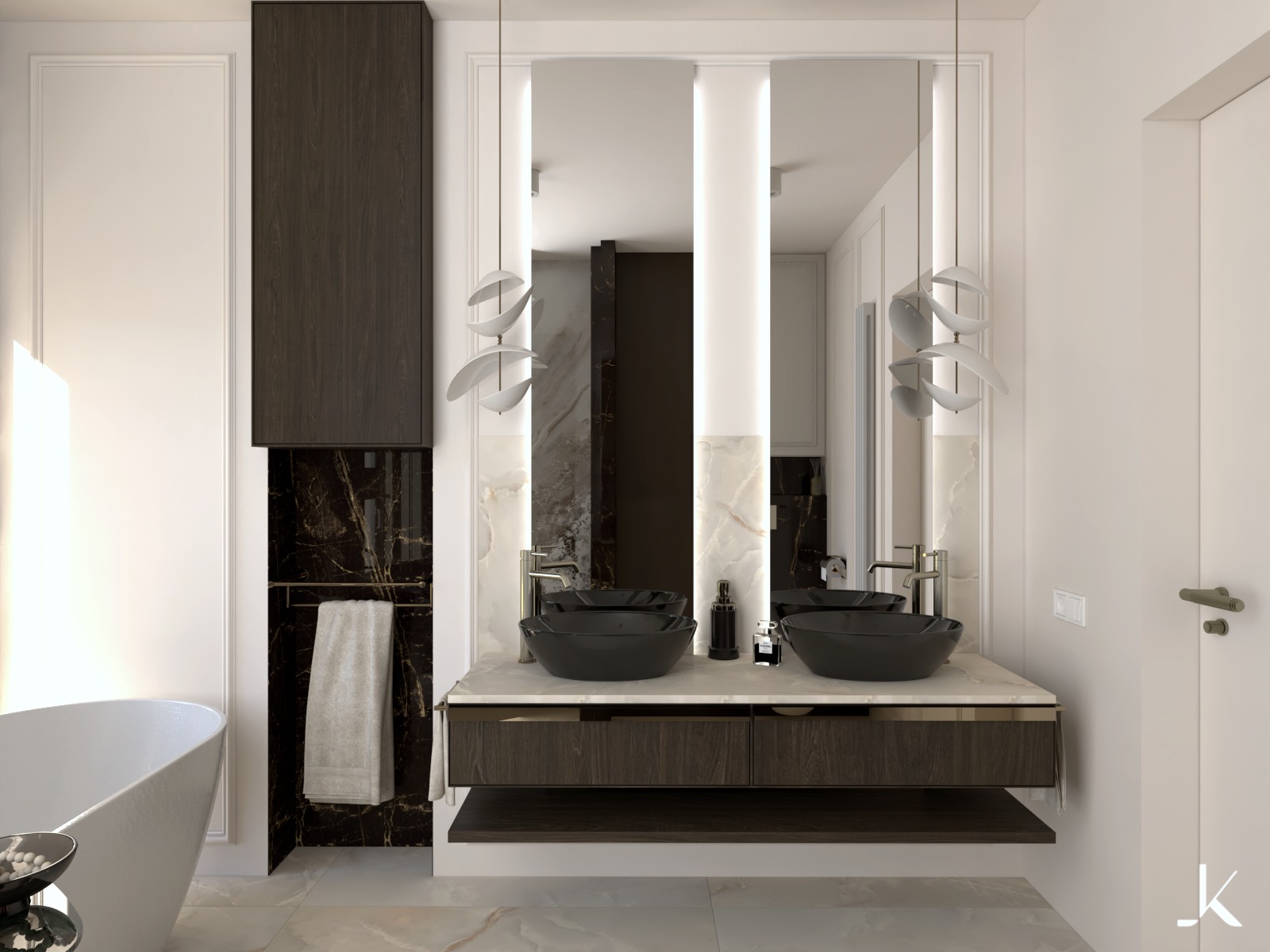 Elegancka łazienka z podwójną umywalką w kolorze czarnym, marmurowym blatem, oświetleniem LED w lustrach i wiszącymi lampami w kształcie liści.