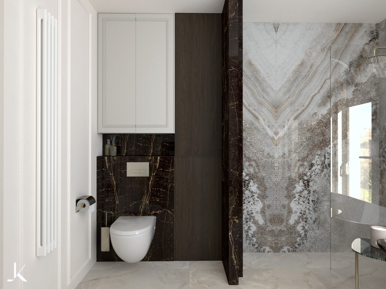 Nowoczesna łazienka z marmurową ścianą prysznicową, wiszącą toaletą i szafką nad nią, oświetlona światłem dziennym wpadającym przez szklaną kabinę prysznicową.