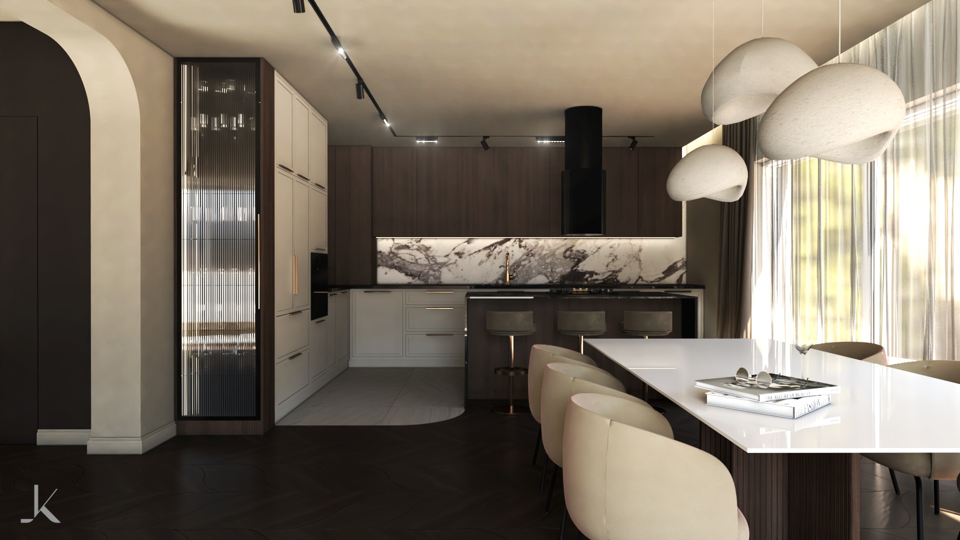Wizualizacja przestronnej kuchni z wyspą, marmurowym backsplashiem i designerskimi lampami wiszącymi, widok na stół jadalny z książkami i okularami.