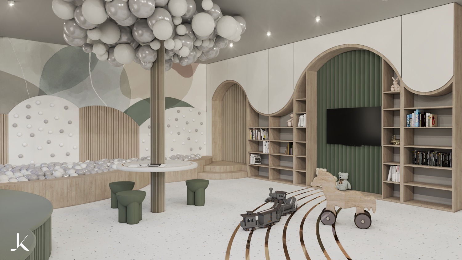 Wizualizacja pokoju dziecięcego z kulkowym basenem, drewnianymi meblami, dekoracyjnym drzewem z balonów i ścianą z abstrakcyjnym malowaniem w odcieniach zieleni i beżu.