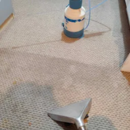 Szczegółowe ujęcie sprzętu do czyszczenia dywanów: dysza ssąca i spryskiwacz ciśnieniowy na beżowym dywanie z widocznymi plamami.