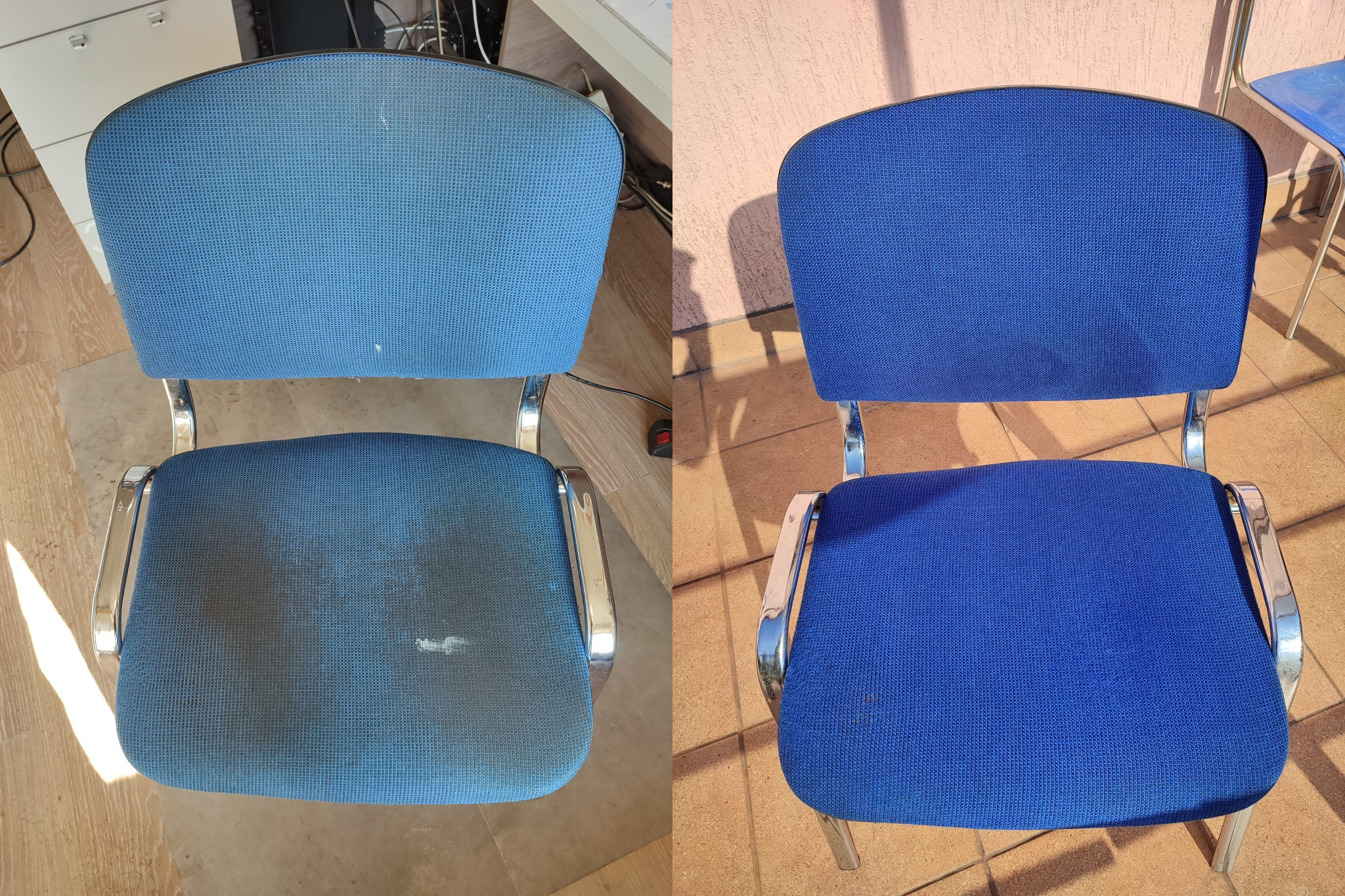 Porównanie fotela biurowego przed i po czyszczeniu, widoczne różnice w kolorze i czystości tapicerki.