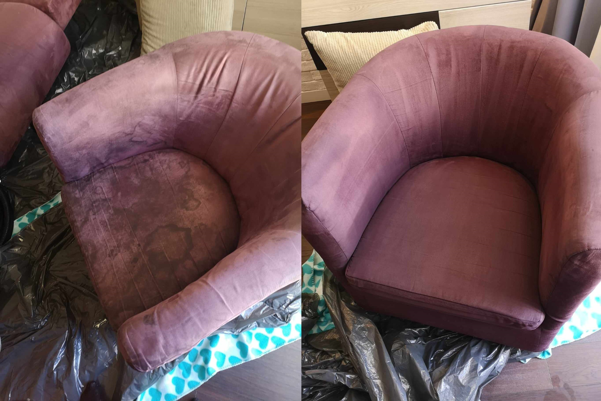 Fotel obity fioletowym welurem, widok przed i po czyszczeniu, z wyraźną różnicą w czystości tapicerki.