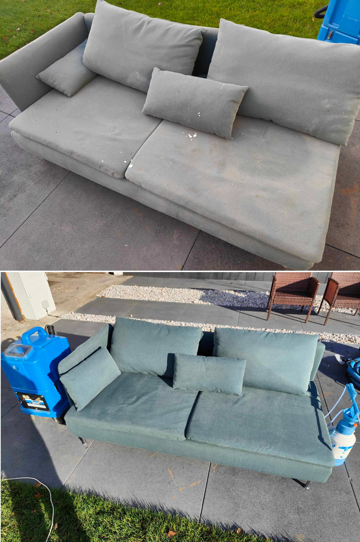 Dwuetapowe zdjęcie: Sofa z jasnoszarą tapicerką przed i po czyszczeniu, z widocznymi plamami przed i jednolitą barwą po, na zewnątrz, z niebieskim urządzeniem czyszczącym obok.