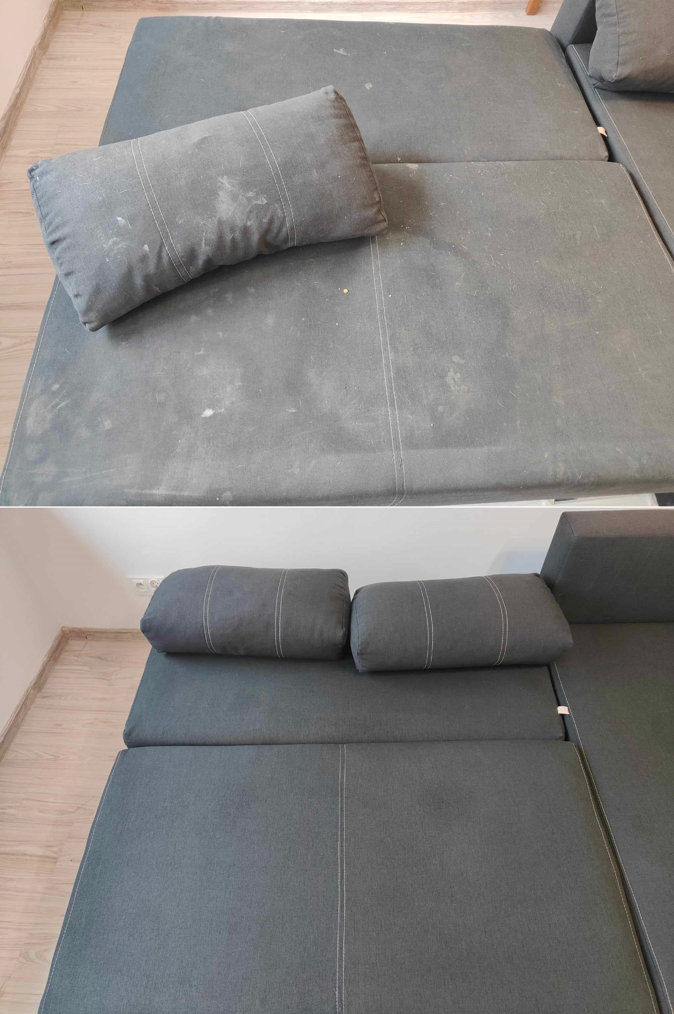 Porównanie stanu sofy przed i po czyszczeniu: widoczne plamy i zabrudzenia na górnym ujęciu, czysta tapicerka na dolnym ujęciu.
