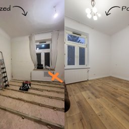 Pink Helmet Sp. z o.o - Zdjęcie 'przed i po' prezentujące remont pokoju: od uszkodzonych ścian i podłogi w trakcie prac, do wykończonego wnętrza z nową podłogą i gładkimi ścianami.