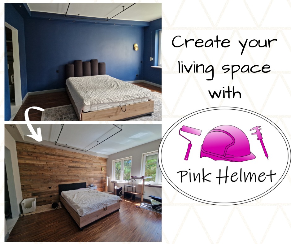 Porównanie sypialni przed i po remoncie: ściana pomalowana na granatowo kontra drewniana ściana z desek, identyczne łóżko z drewnianą ramą i białą pościelą, logo 'Pink Helmet' z wałkiem, kaskiem...
