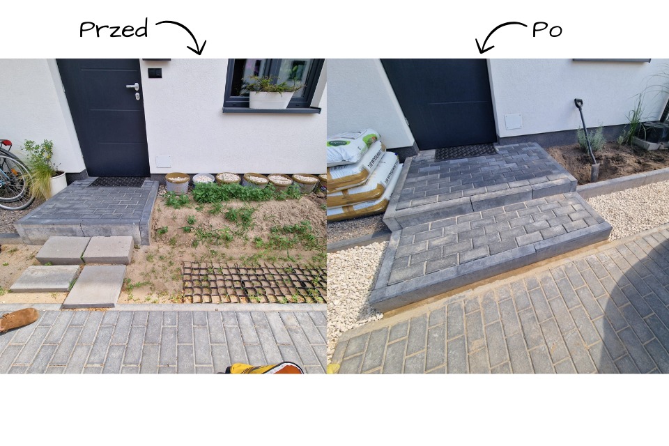 Porównanie stanu przed i po wykonaniu schodów wejściowych z kostki brukowej; widoczne ułożone stopnie z szarej kostki, w tle worki z materiałem budowlanym i narzędzia ogrodnicze.