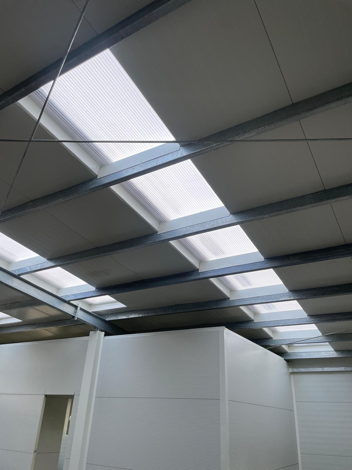 Wnętrze hali z widoczną konstrukcją stalową dachu i świetlikami. Ściany z paneli warstwowych. Ujęcie od dołu, podkreślające przestrzeń i nowoczesny design.